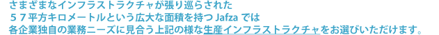 さまざまなインフラストラクチャが張り巡らされた
	５７平方キロメートルという広大な面積を持つJafzaでは各企業独自の業務ニーズに見合う上記の様な生産インフラストラクチャをお選びいただけます。